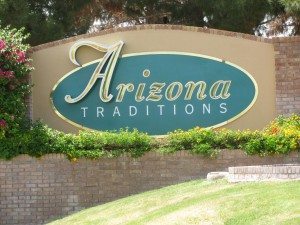 Arizona Traditions entrance sign — gated 55+ community in Surprise, Arizona